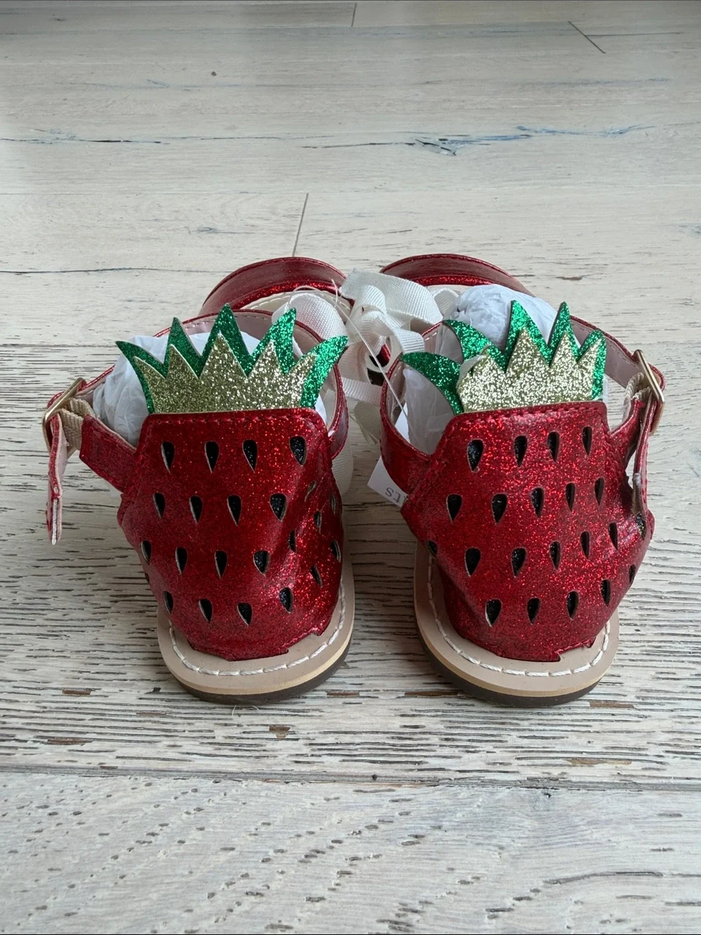 Crewcuts Red Glitter Strawberry Strap Sandals with Green Accent
